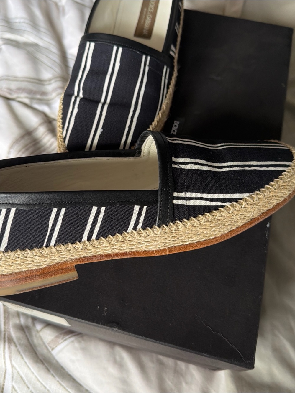 Dolce & Gabbana Black and White Striped Espadrille Slip-Ons